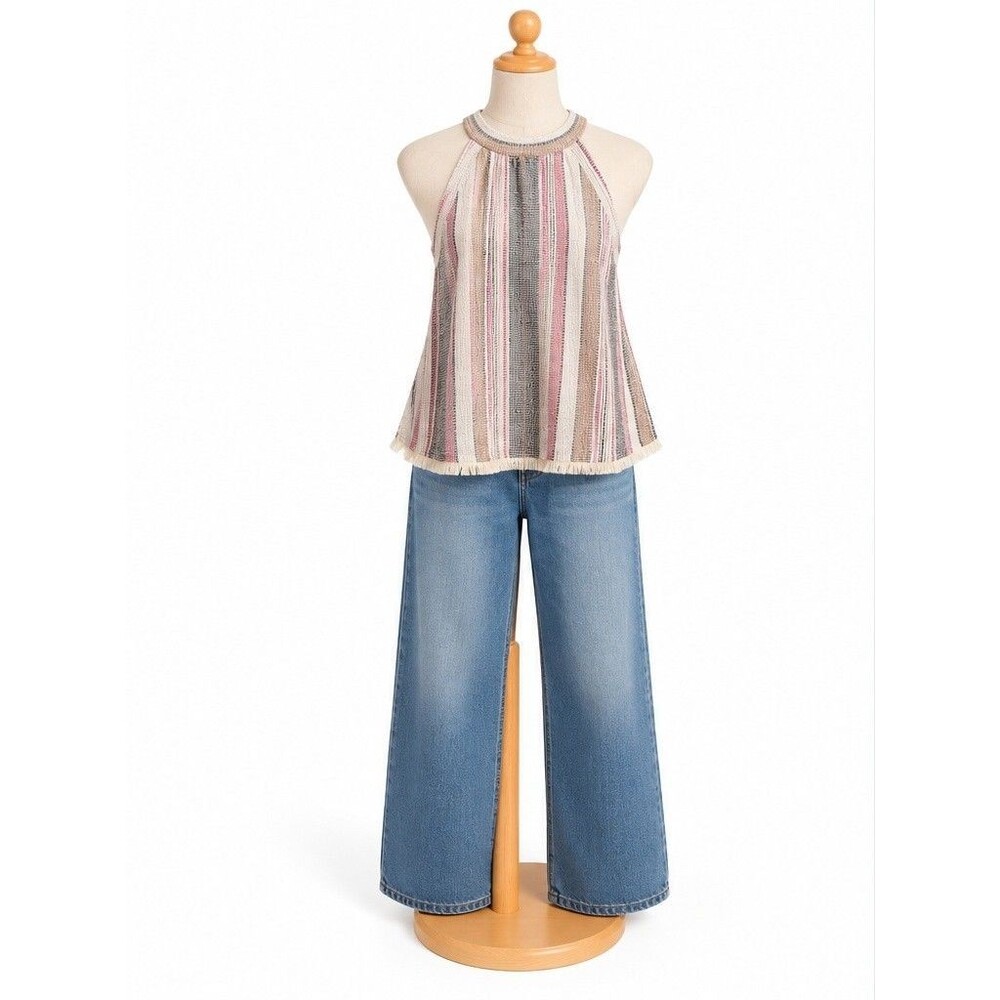 W5 Anthropologie Halter Top Small Pink Striped Textured Fringe Hem Boho USA
